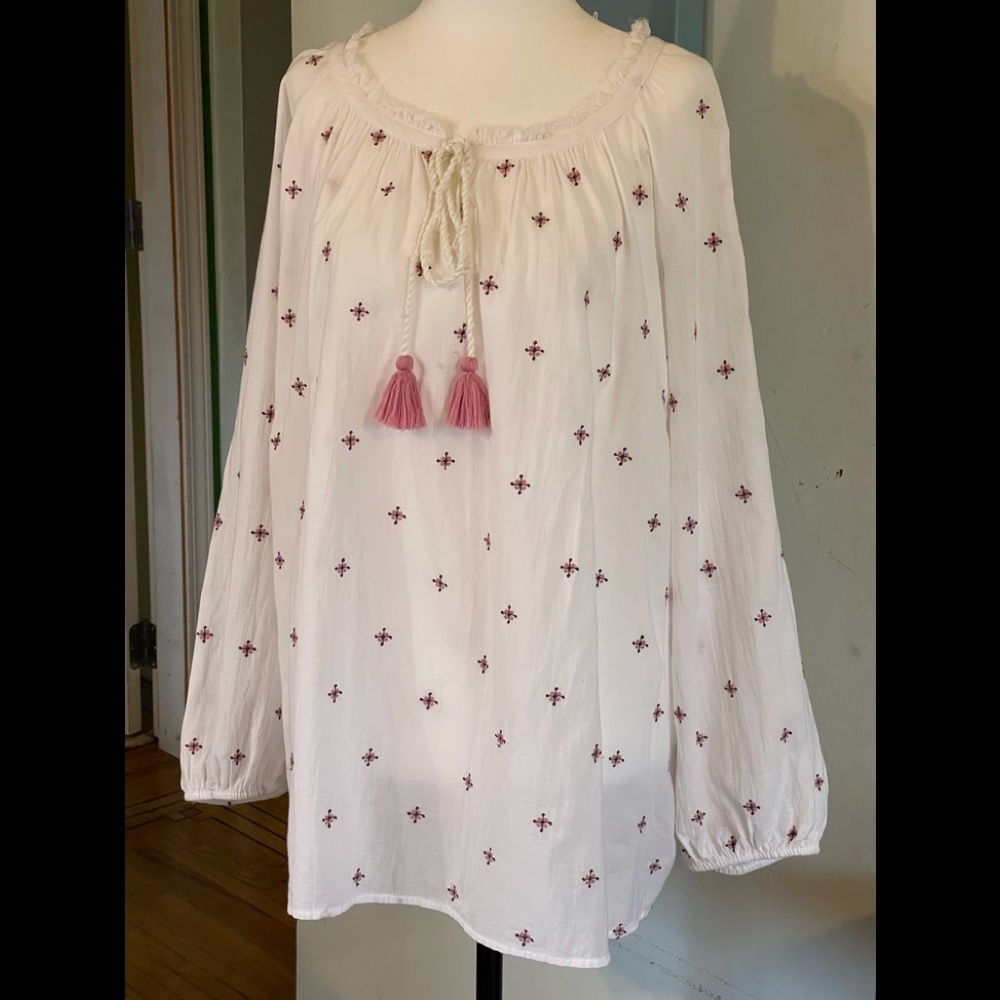 Pink Floral Embroidered Boho Peasant top
